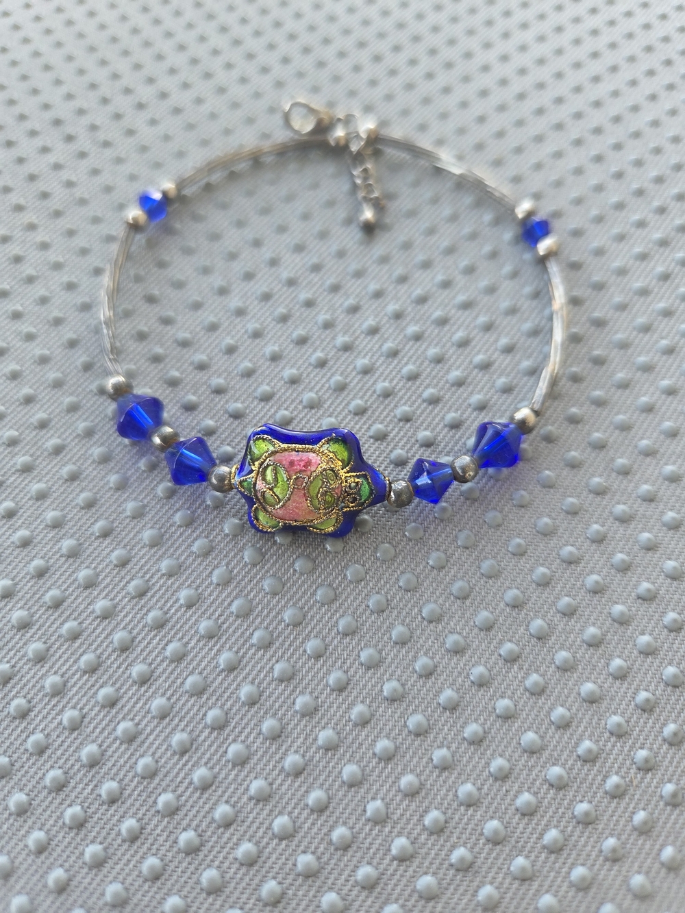 Cloisonne Turtle Silver-Tone Bracelet with Bright Blue Beads Accent